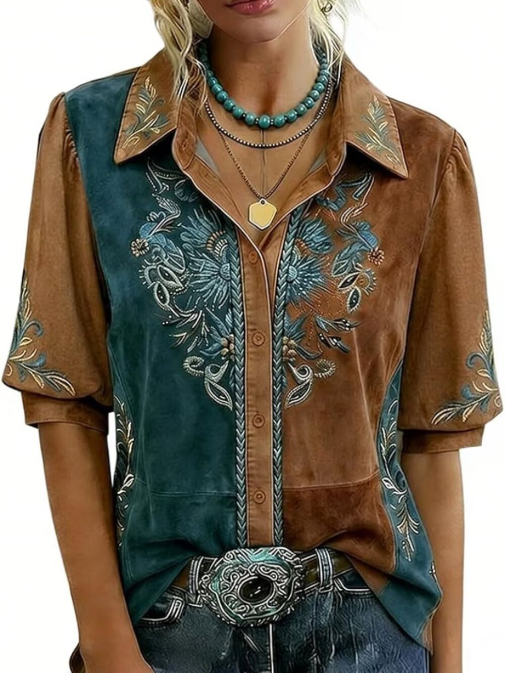 Cherrybetty NWOT Colorblock Floral Embroidered Boho Southwestern Shirt M